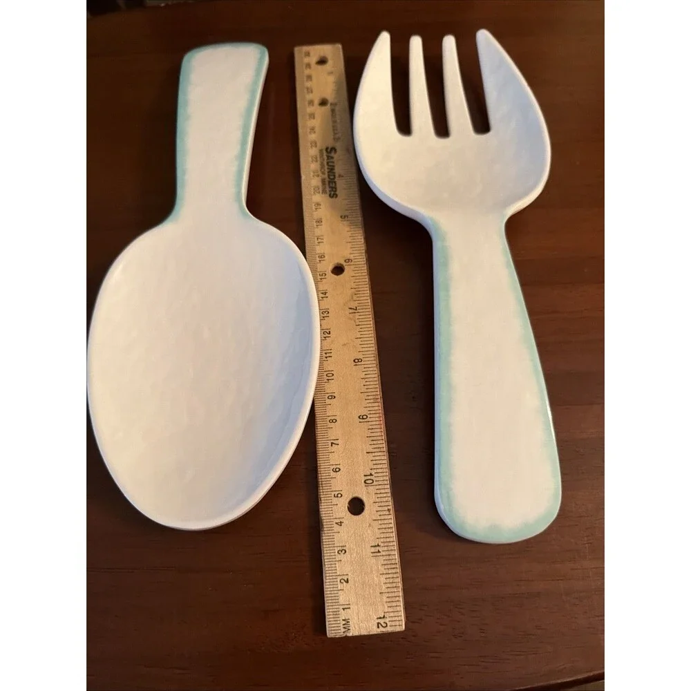 Laurie Gates Salad Server Tray Set Spoon & Fork White Teal Trim 10.5